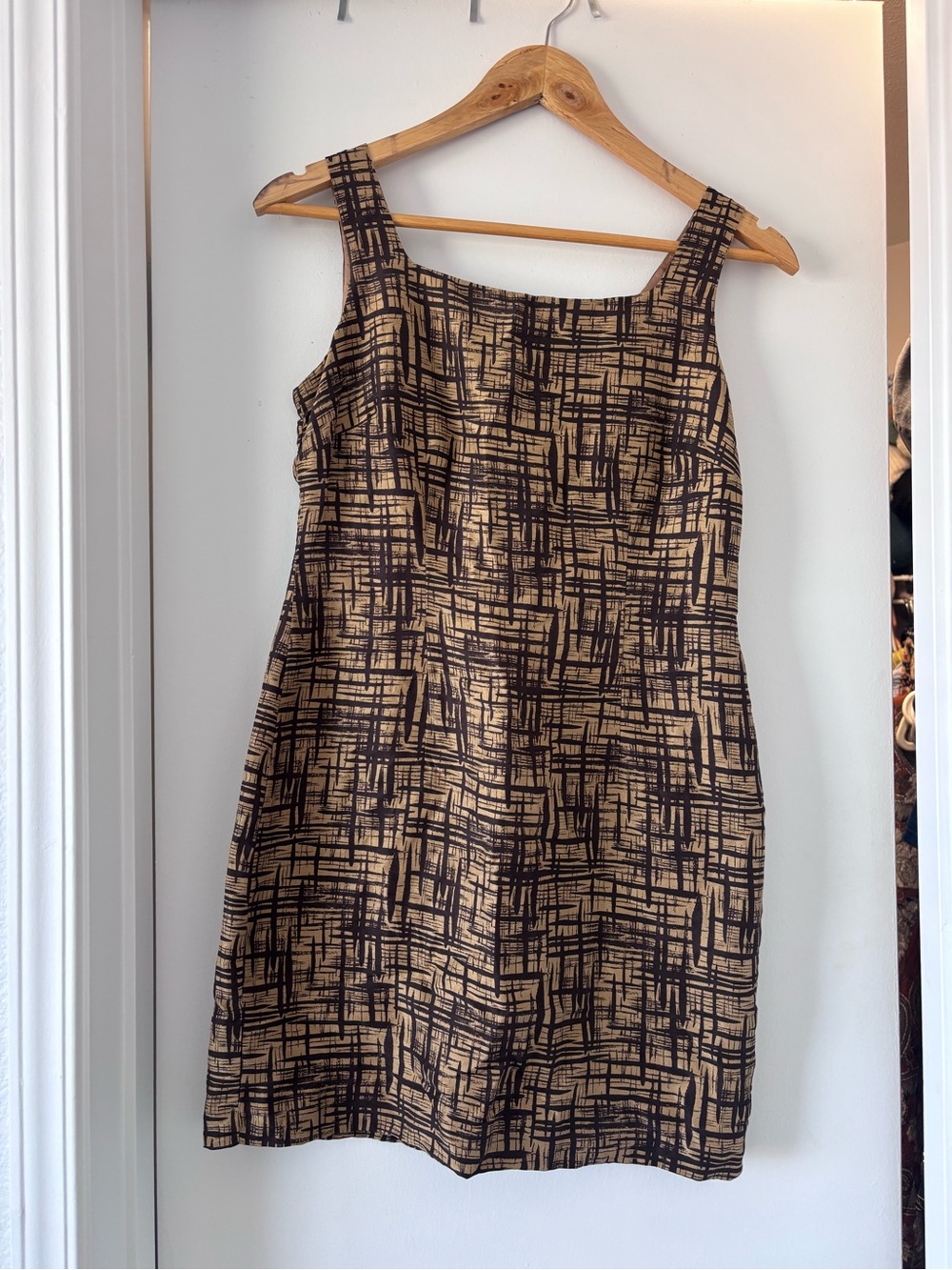 LOFT Vintage Beige Dress with Brown Abstract Grid Print